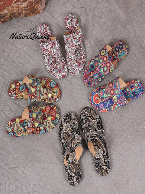 Ethnic Retro Flat Toe Slippers 2025 Summer New Breathable Printed Roman Style Slippers
