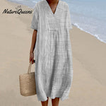 Women Vintage Stripes Casual V Neck Midi Dress
