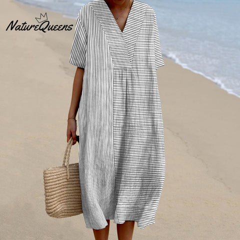 Women Vintage Stripes Casual V Neck Midi Dress