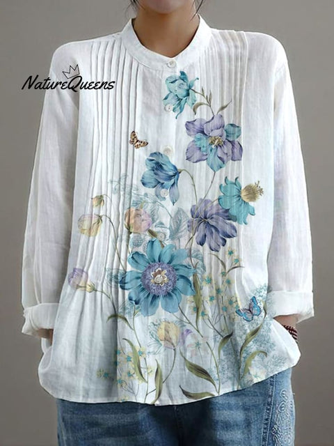 Women's Casual Loose Floral Cotton And Linen Shirt
