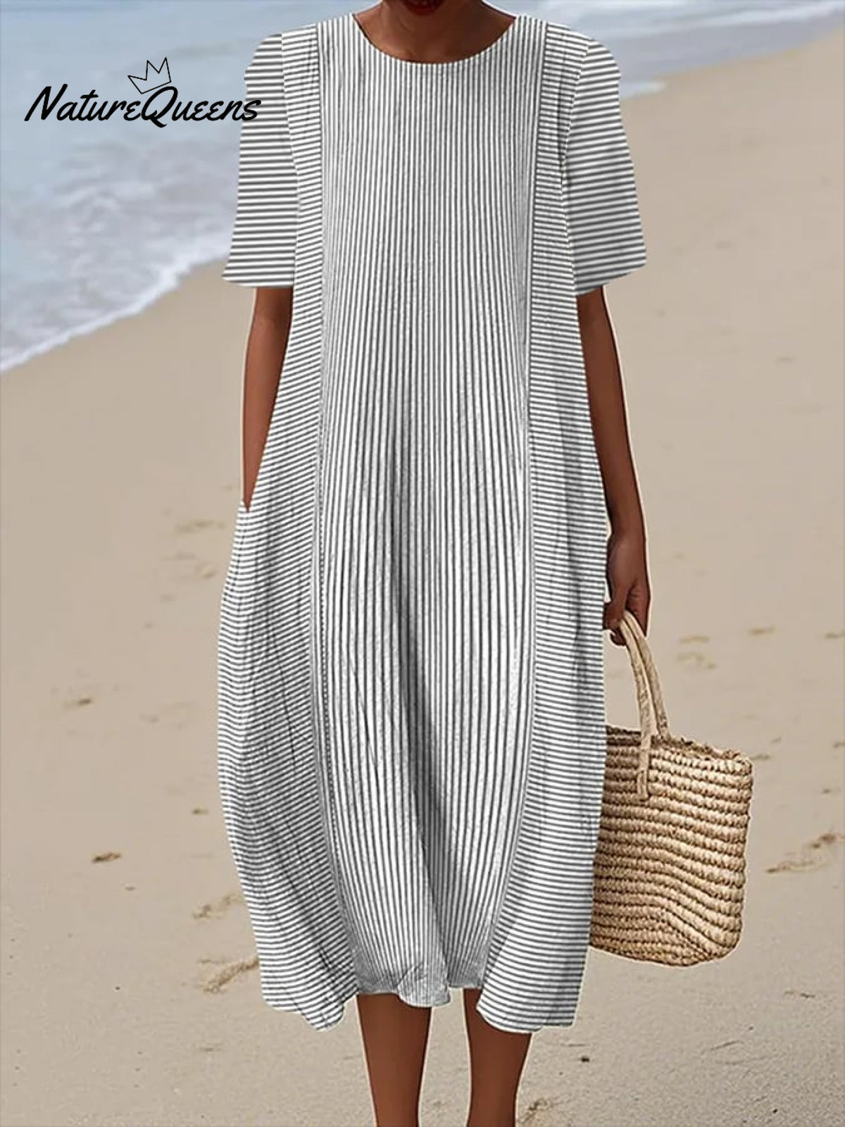 Women's Retro Striped Art Print Casual Round Neck Short Sleeve Dress