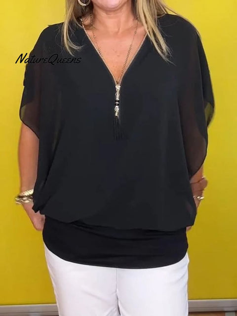 Chiffon Half-zip Short-sleeved Casual Top(buy 2 free shipping)