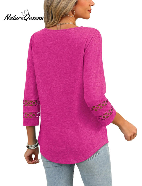 2025 New Womens 3/4 Length Sleeve Tops Trendy V Neck T Shirts
