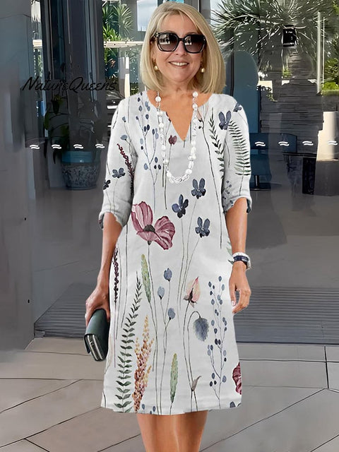 Elegant Floral Print Half Sleeve Tunic Dress