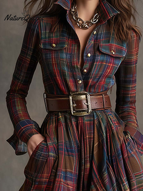 Retro Ethnic Style Lapel Reddish Brown Plaid Maxi Dress