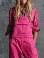 Casual And Stylish Multi-pocket Rose Pink Washed Cotton Overalls
