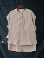 Ladies Casual Sleeveless Shirt With Stand Collar Button Design Khaki / M