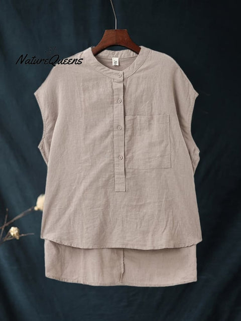 Ladies Casual Sleeveless Shirt With Stand Collar Button Design Khaki / M