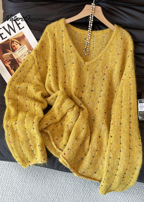 Handmade Yellow Embroidered Sequins Knit Sweater Fall