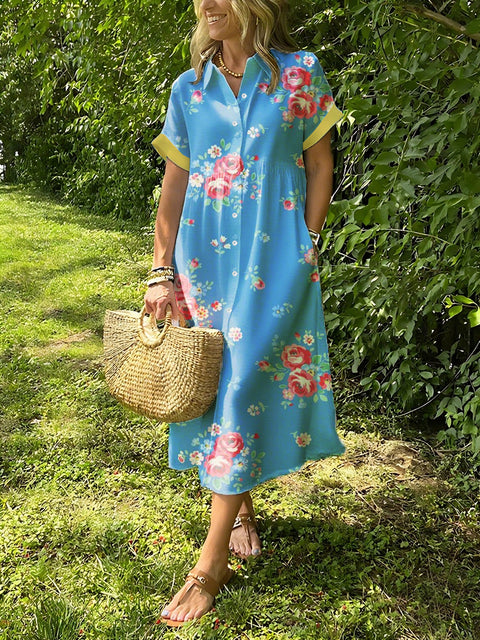 Floral Print Lapel Button Up Maxi Shirt Dress