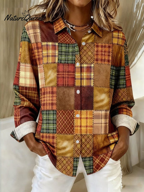 Women's Plaid Art Print Linen Shirt