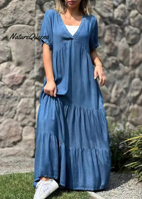 Loose Navy V Neck Pockets Patchwork Denim Maxi Dresses Summer