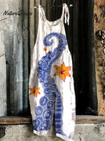 Japanese Art Octopus Linen Blend Loose Casual Jumpsuit
