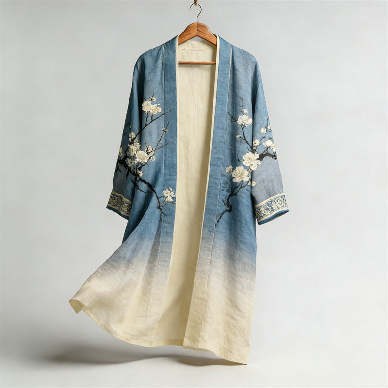 Japanese Plum Blossom Gradient Flowy Linen Long Kimono