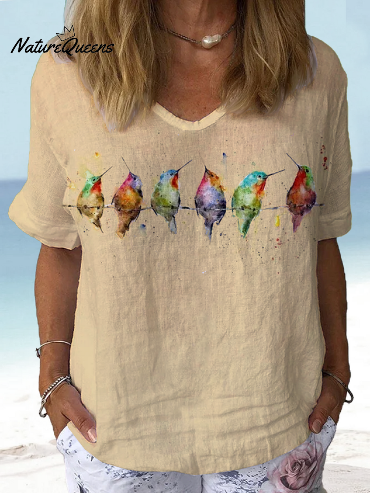 Jfn Cotton & Linen Watercolor Hummingbirds Print Lounge Top