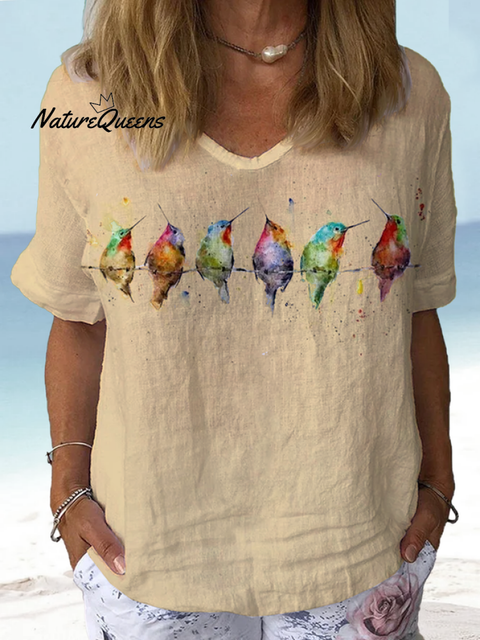 Jfn Cotton & Linen Watercolor Hummingbirds Print Lounge Top