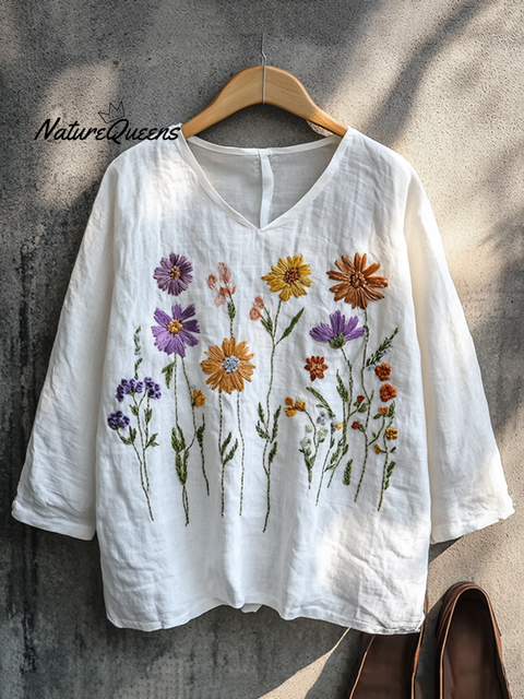 Boho Floral Embroidery Print Cotton And Linen Blend Loose Blouse