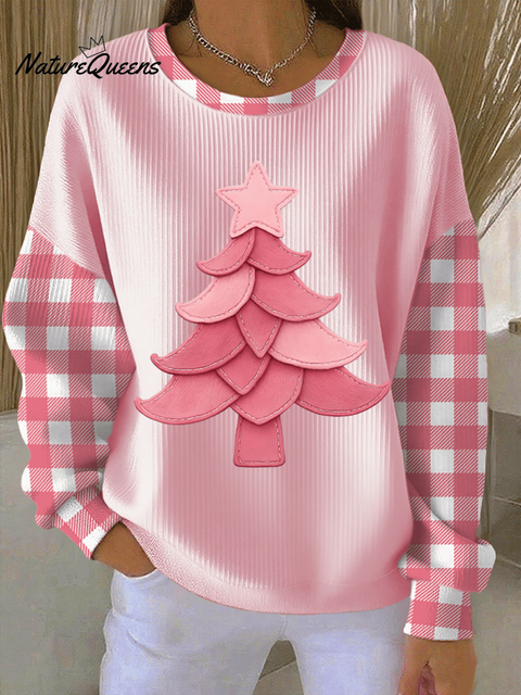 Women's Christmas Tree Print Knitted Crew Neck Long Sleeve Top
