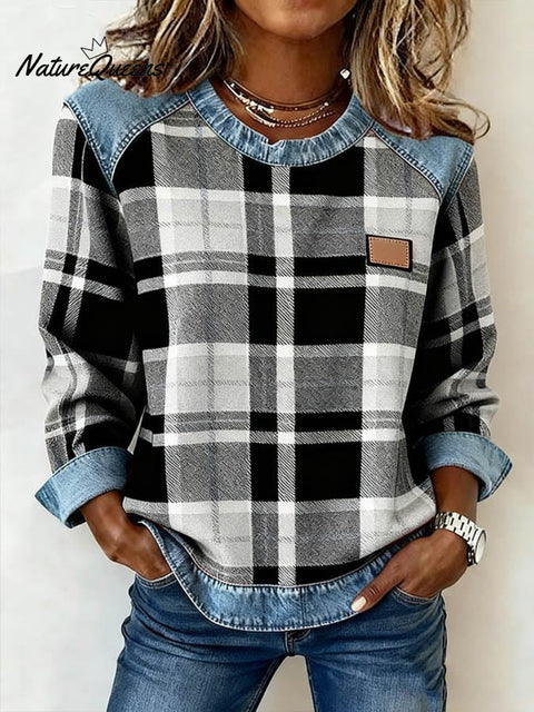 Women'S Casual Round Neck Denim Patchwork Plaid Print Pullover Sweatshirt