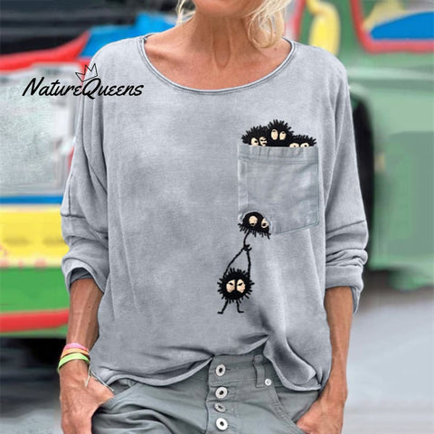 Women's Funny Soot Sprites Embroidered Long Sleeve T-shirt