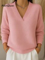 Women's Casual V-neck Waffle Knit Long-sleeved Top