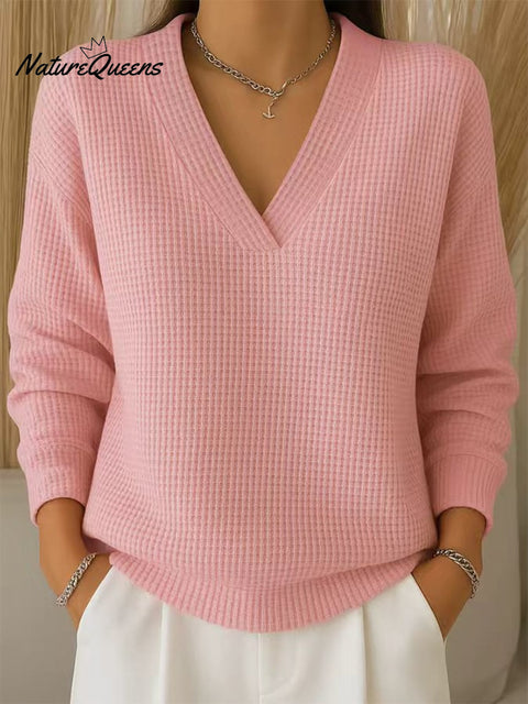 Women's Casual V-neck Waffle Knit Long-sleeved Top