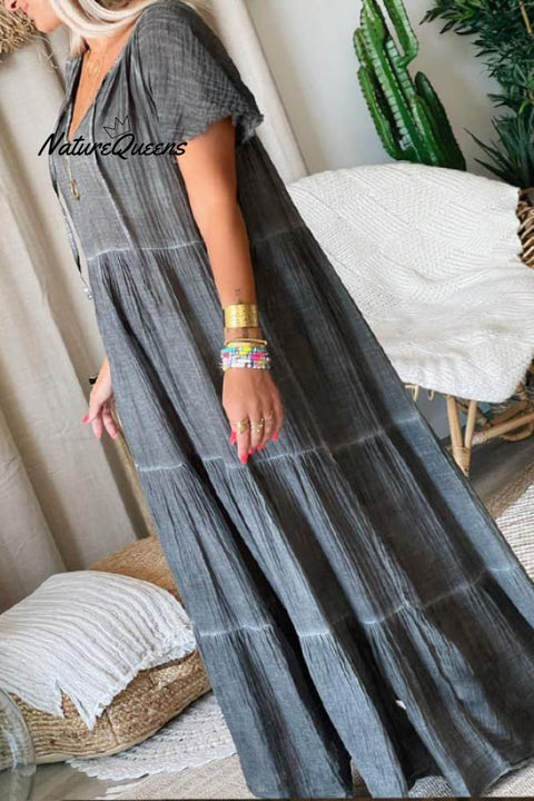 Cotton and Linen Patchwork Loose Maxi Dress