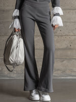 Sporty Retro Lace Embroidery Dark Gray Cotton Blend Long-Sleeve Sweatshirt And Flared Pants Set