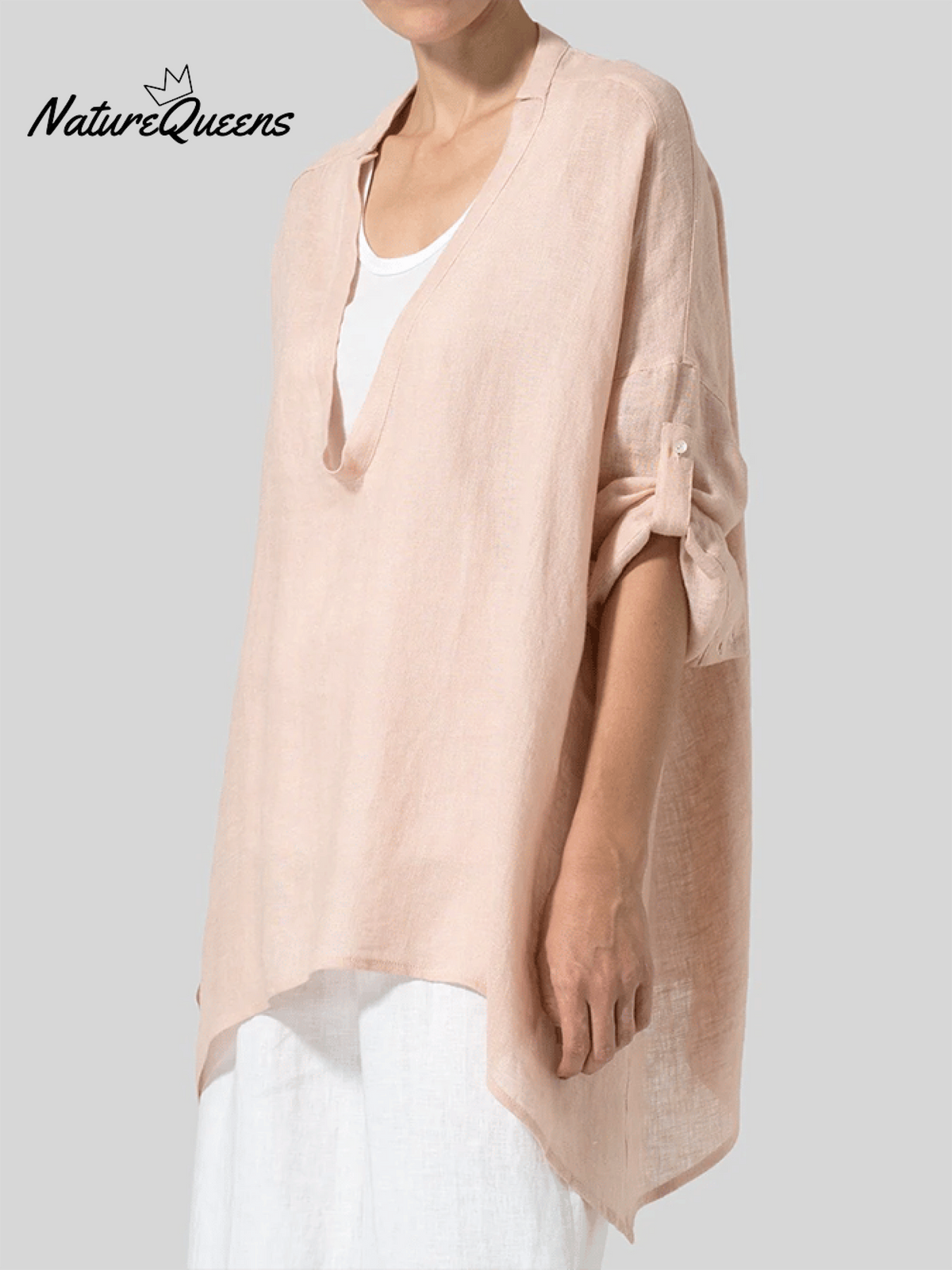 Women's Solid Color Deep V Neck Roll Sleeve Shirt
