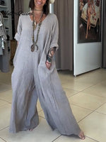 Women's Casual Solid Color V-Neck Mid-Sleeve Cotton and Linen Jumpsuit