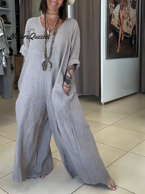 Women's Casual Solid Color V-Neck Mid-Sleeve Cotton and Linen Jumpsuit