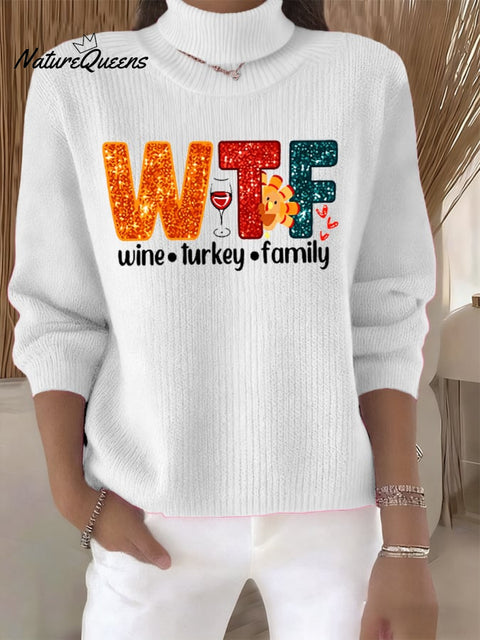 Women's Retro Wine Turkey Family Print Turtleneck Knit Top