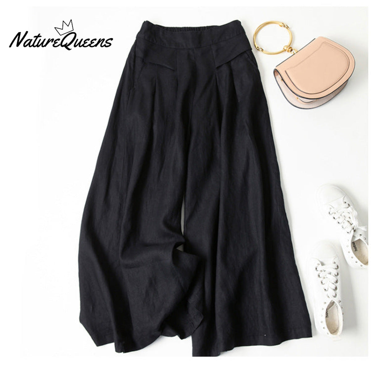 Cotton Linen Loose Semi - Elastic Cropped Pants Black / S