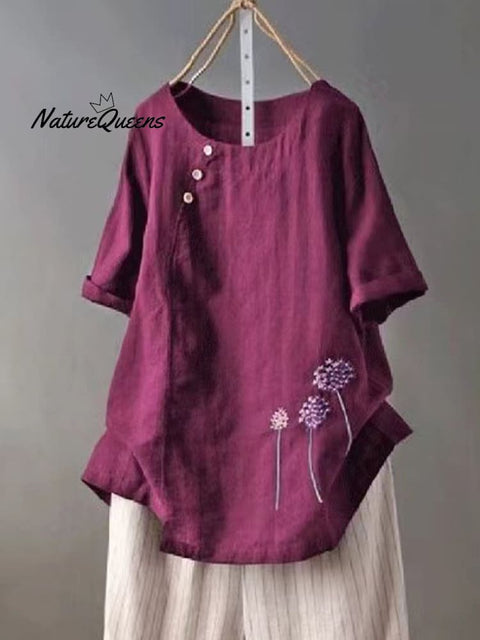 Women’s Embroidered Cotton And Linen O - Neck Button Short Sleeve Blouse Purple / M