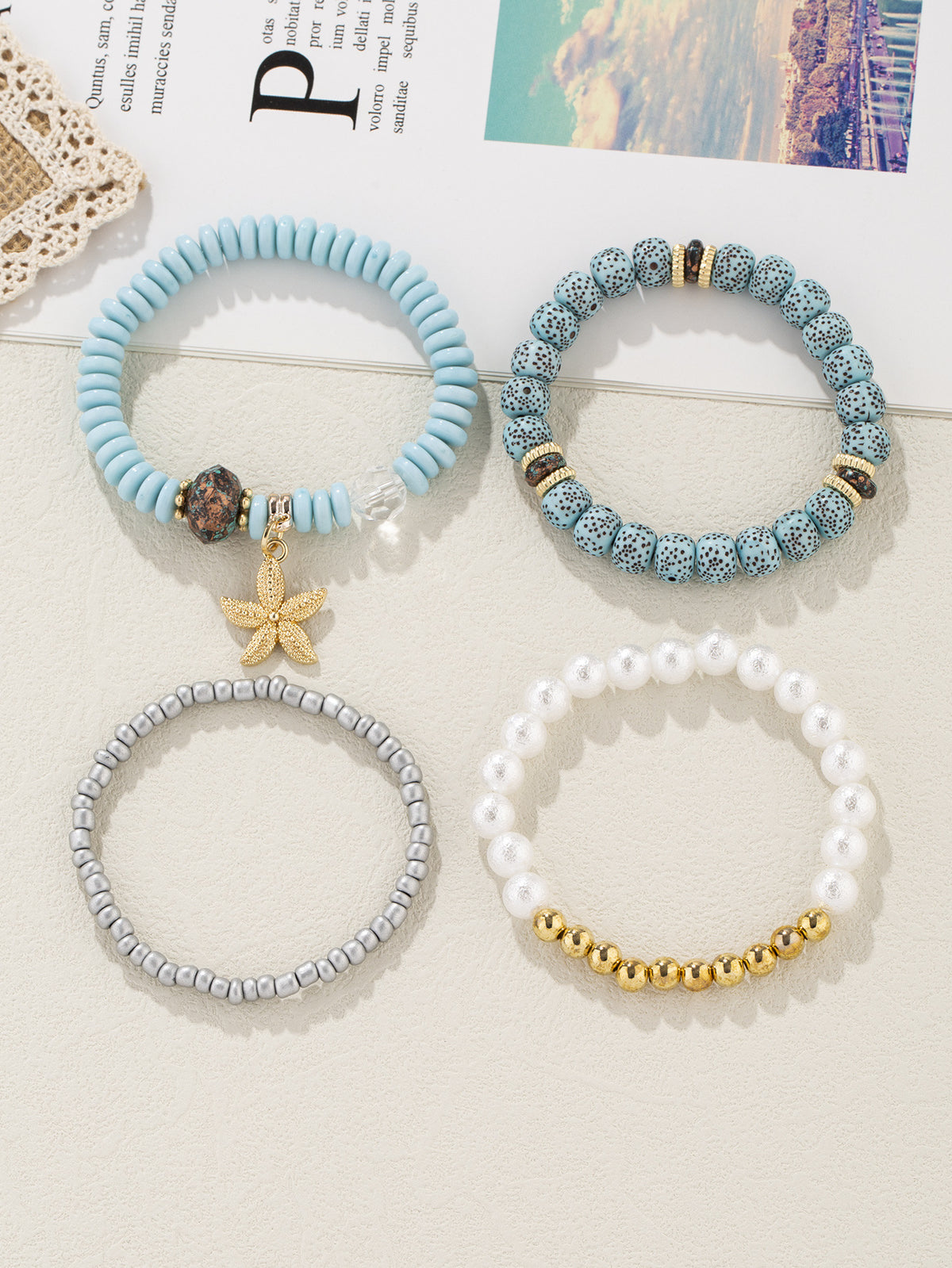 4pcs Starfish Pendant Beaded Bracelet Set Blue Color Hand String Jewelry Set Ocean Style