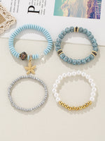 4pcs Starfish Pendant Beaded Bracelet Set Blue Color Hand String Jewelry Set Ocean Style