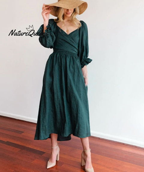 French Ruffled Lantern Sleeves Multi-wear Dress Green