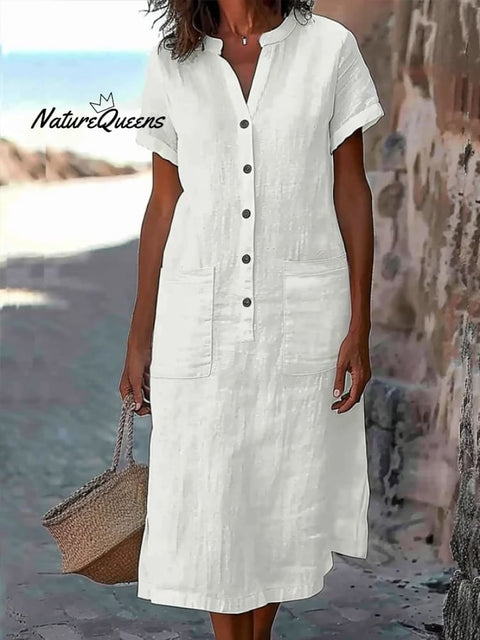Women'S Solid Color Cotton And Linen Casual Dress