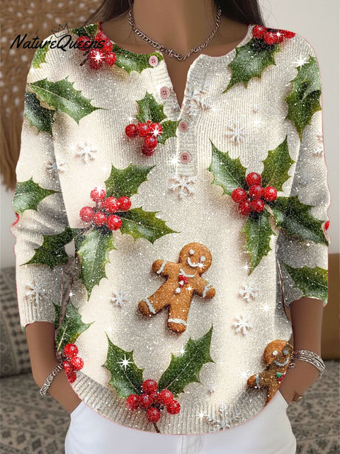 Christmas Fruit Gingerbread Man Pattern Print Henley Neck Sparkling Sequin Sweater