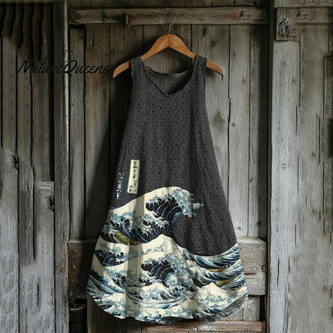 Japanese Traditional Wave Art Linen Tank Dress
