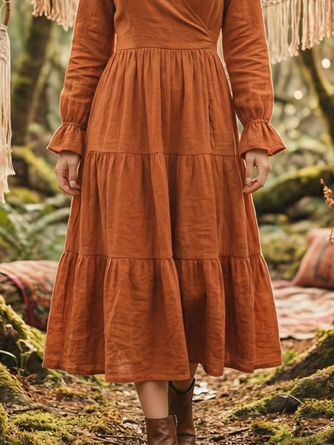 Women'S Casual V-Neck Solid Color Cotton And Linen Dress