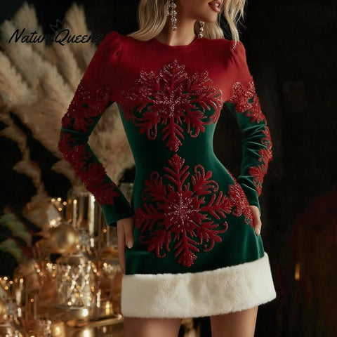 Women's Christmas Snowflakes Art Fur Trim Sweater Midi Dress