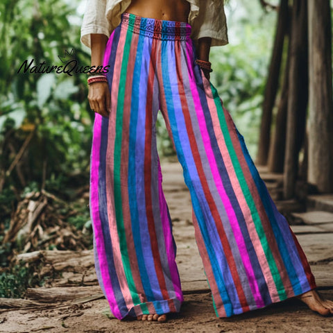 Retro Colorful Stripe Print Loose Wide Leg Pants