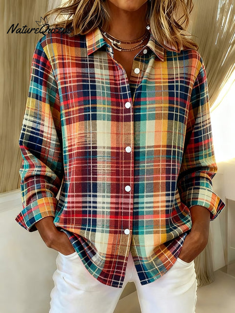 Women's Casual Retro Autumn And Winter Plaid Contrast Color Shirt