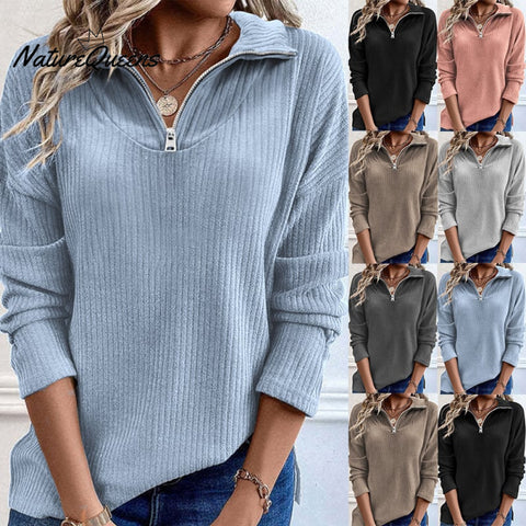 Women'S Solid Color Zipper Stand Collar Casual Blouse