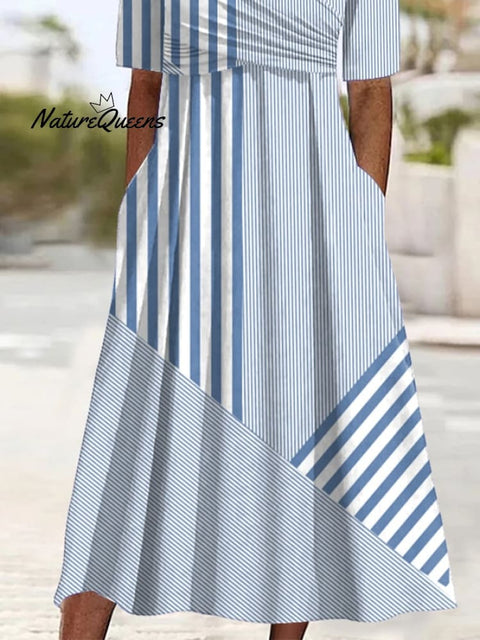 Women's Holiday Casual V-Neck Short Sleeve Contrast Striped Print Dress