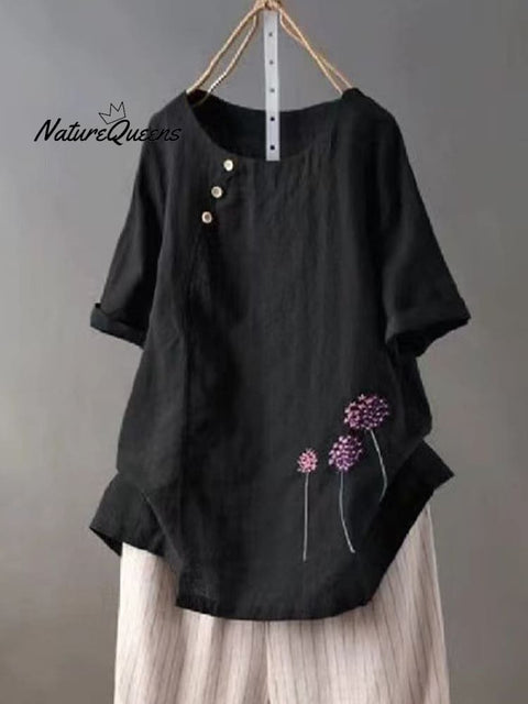 Women’s Embroidered Cotton And Linen O - Neck Button Short Sleeve Blouse Black / M