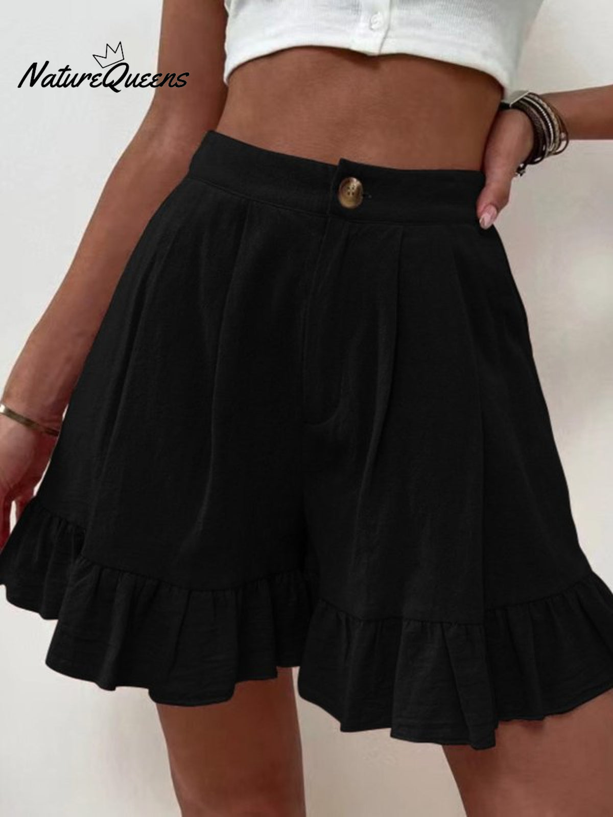 Women Summer Cotton Casual Plain Natural Ruffled Shorts Black / S(4)