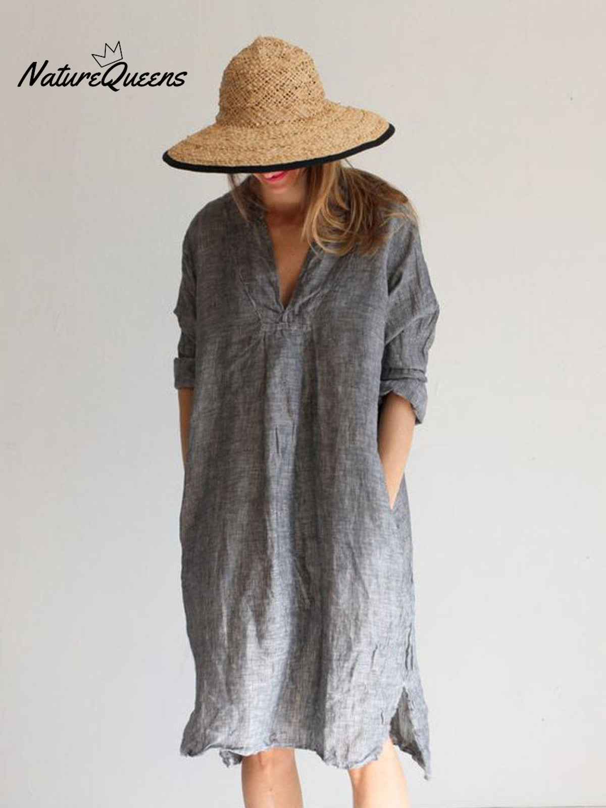 Linen Casual Women's V-Neck Long Dress