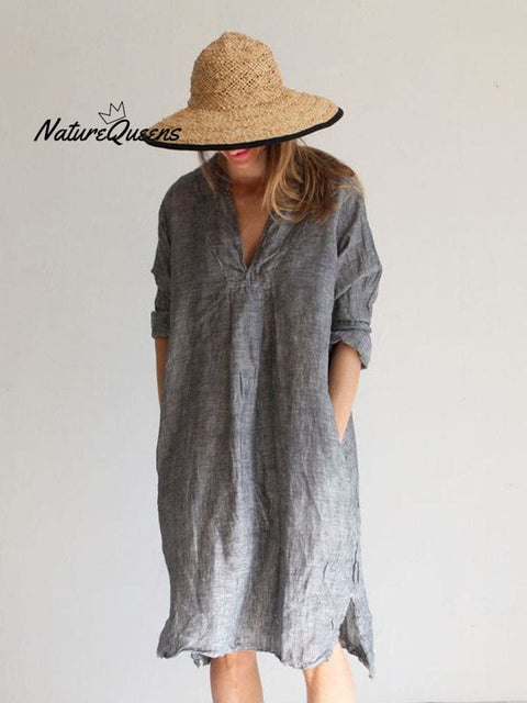 Linen Casual Women's V-Neck Long Dress